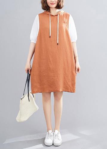 DIY hooded Batwing Sleeve linen cotton dress linen orange Dresses - bagstylebliss