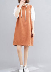 DIY hooded Batwing Sleeve linen cotton dress linen orange Dresses - bagstylebliss