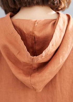 DIY hooded Batwing Sleeve linen cotton dress linen orange Dresses - bagstylebliss