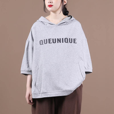 DIY hooded half sleeve shirts women Sewing light gray Letter tops - bagstylebliss