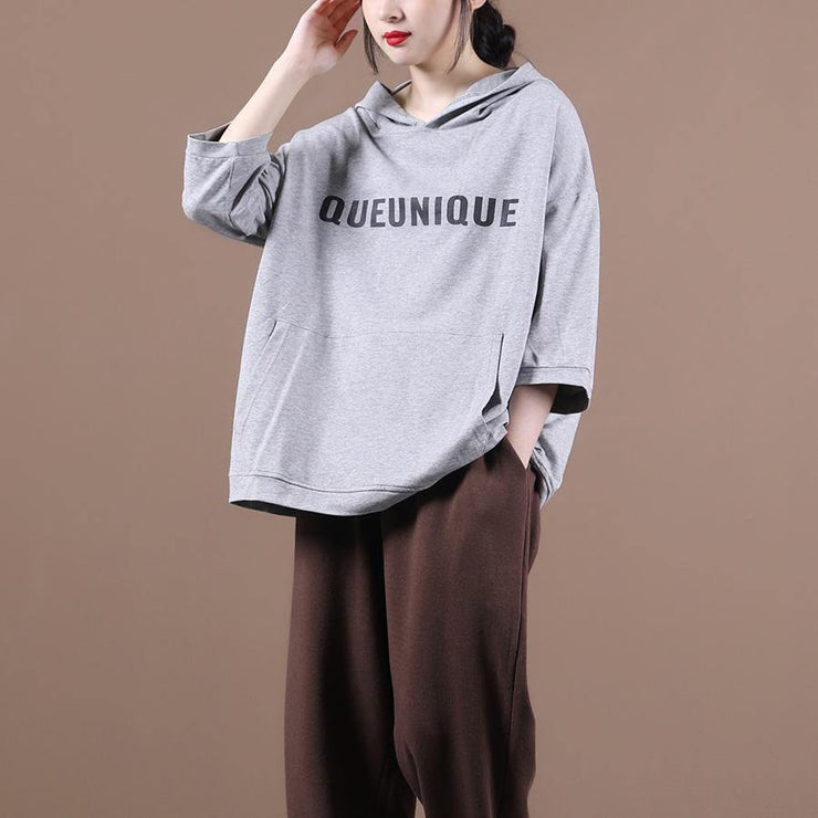 DIY hooded half sleeve shirts women Sewing light gray Letter tops - bagstylebliss