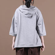 DIY hooded half sleeve shirts women Sewing light gray Letter tops - bagstylebliss