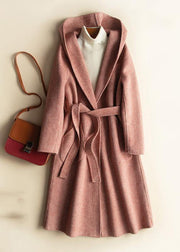 DIY hooded tie waist Plus Size casual Woolen Coats women red plaid tunic outwear - bagstylebliss