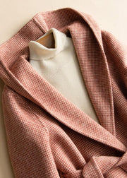 DIY hooded tie waist Plus Size casual Woolen Coats women red plaid tunic outwear - bagstylebliss