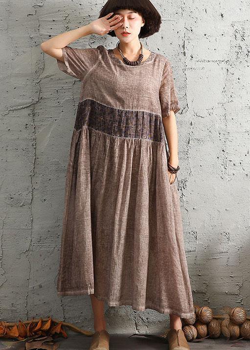 DIY khaki patchwork cotton linen clothes For Women short sleeve long summer Dress - bagstylebliss