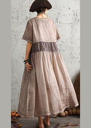 DIY khaki patchwork cotton linen clothes For Women short sleeve long summer Dress - bagstylebliss