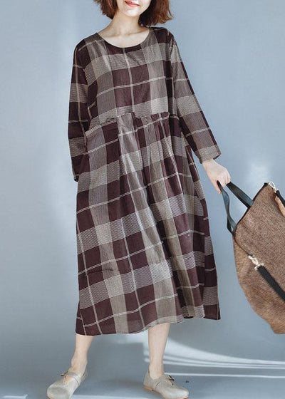 DIY khaki plaid cotton quilting dresses patchwork Robe summer Dress - bagstylebliss