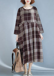 DIY khaki plaid cotton quilting dresses patchwork Robe summer Dress - bagstylebliss