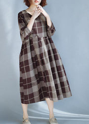 DIY khaki plaid cotton quilting dresses patchwork Robe summer Dress - bagstylebliss