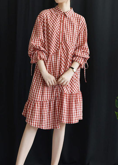 DIY lapel asymmetric Cotton dresses Fashion Ideas red Plaid Dress fall - bagstylebliss