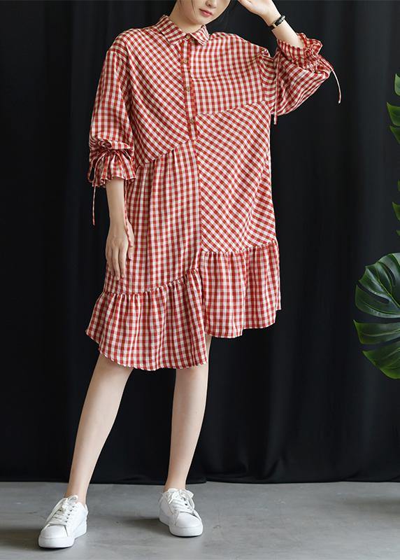 DIY lapel asymmetric Cotton dresses Fashion Ideas red Plaid Dress fall - bagstylebliss