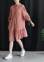 DIY lapel asymmetric Cotton dresses Fashion Ideas red Plaid Dress fall - bagstylebliss