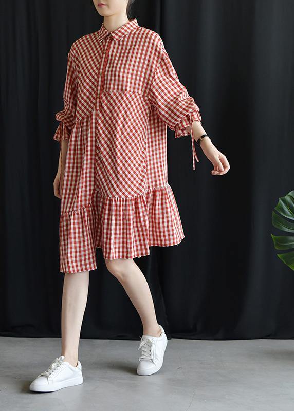 DIY lapel asymmetric Cotton dresses Fashion Ideas red Plaid Dress fall - bagstylebliss