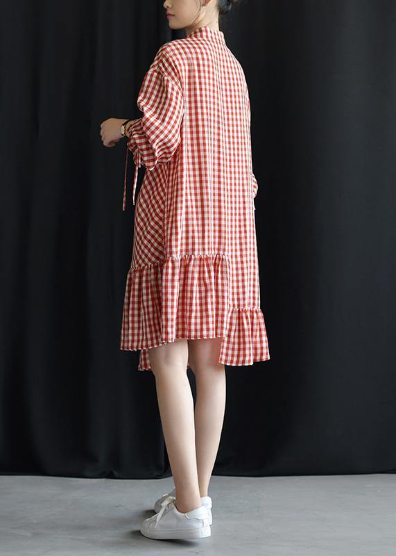 DIY lapel asymmetric Cotton dresses Fashion Ideas red Plaid Dress fall - bagstylebliss