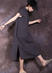 DIY lapel collar linen cotton dress Work Outfits black side open Dress summer - bagstylebliss