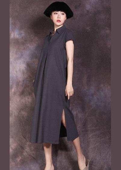 DIY lapel collar linen cotton dress Work Outfits black side open Dress summer - bagstylebliss