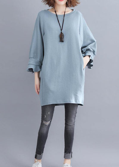 DIY light blue cotton tunic pattern o neck half sleeve Midi summer Dress - bagstylebliss