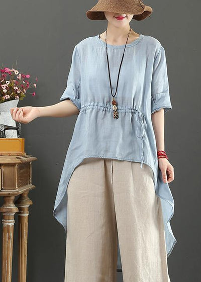 DIY light blue linen clothes o neck asymmetric box shirts - bagstylebliss