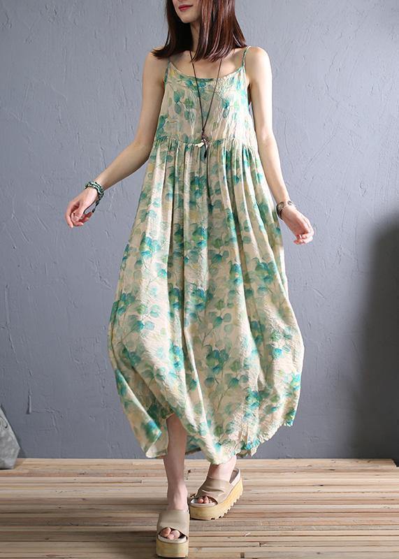 DIY light green print cotton dress Spaghetti Strap Robe summer Dresses - bagstylebliss