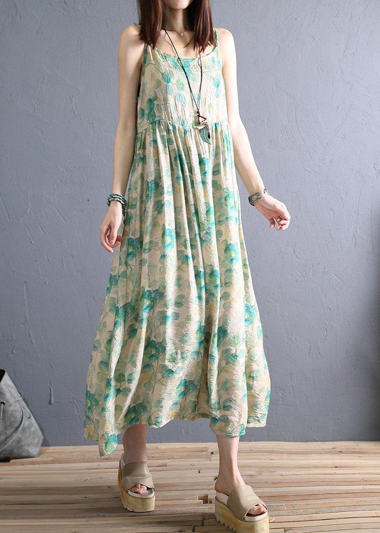 DIY light green print cotton dress Spaghetti Strap Robe summer Dresses - bagstylebliss