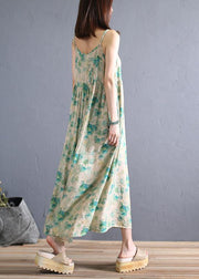 DIY light green print cotton dress Spaghetti Strap Robe summer Dresses - bagstylebliss