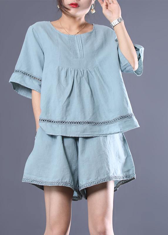 DIY linen linen tops women blouses boutique Casual Cotton Linen Short Sleeve Blouse And Shorts - bagstylebliss