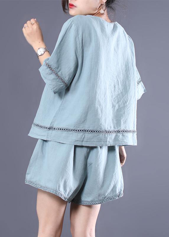DIY linen linen tops women blouses boutique Casual Cotton Linen Short Sleeve Blouse And Shorts - bagstylebliss