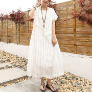 DIY linen quilting dresses Casual Linen Cotton Women Short Sleeve Stripe White Dress