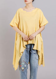 DIY linen tunic top Women Solid Pockets Short Sleeve Irregular Blouse - bagstylebliss