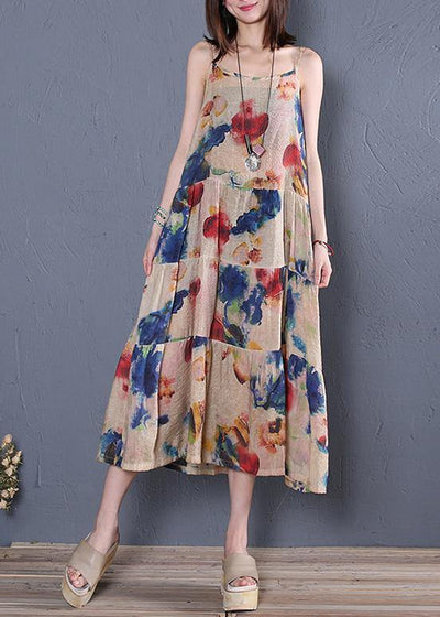 DIY navy print cotton dress Spaghetti Strap patchwork A Line summer Dress - bagstylebliss