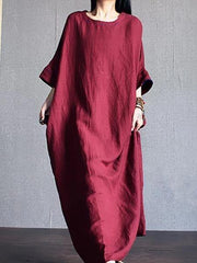 DIY o neck Batwing Sleeve linen clothes pattern red Dresses - bagstylebliss