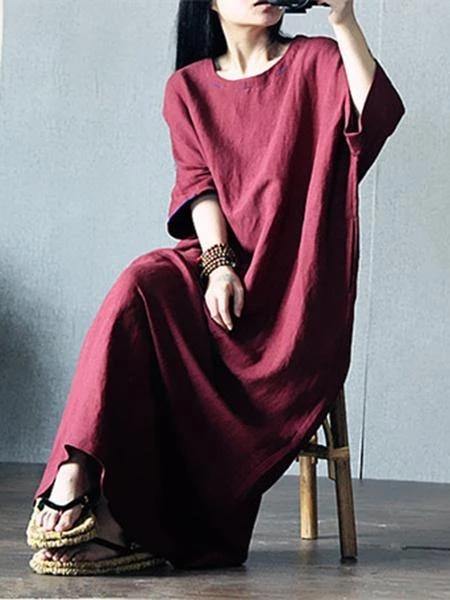 DIY o neck Batwing Sleeve linen clothes pattern red Dresses - bagstylebliss