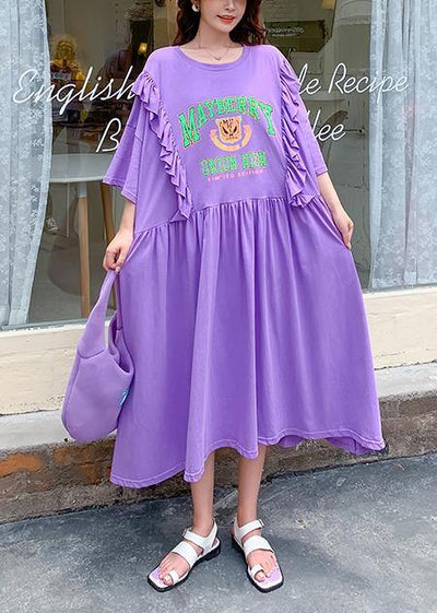 DIY o neck Ruffles clothes Outfits purple Cartoon print long Dress - bagstylebliss