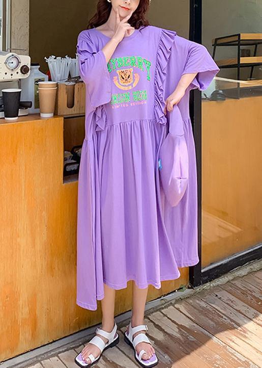 DIY o neck Ruffles clothes Outfits purple Cartoon print long Dress - bagstylebliss