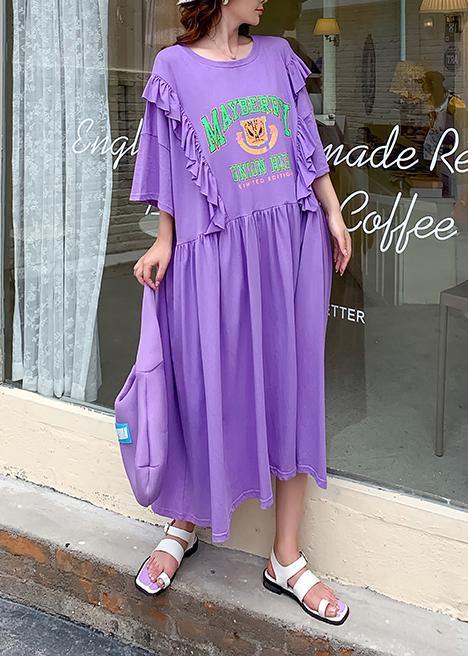 DIY o neck Ruffles clothes Outfits purple Cartoon print long Dress - bagstylebliss