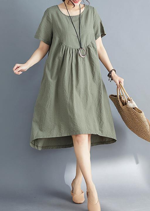 DIY o neck asymmetric Cotton clothes Women plus size Catwalk army green striped Midi Dress Summer - bagstylebliss