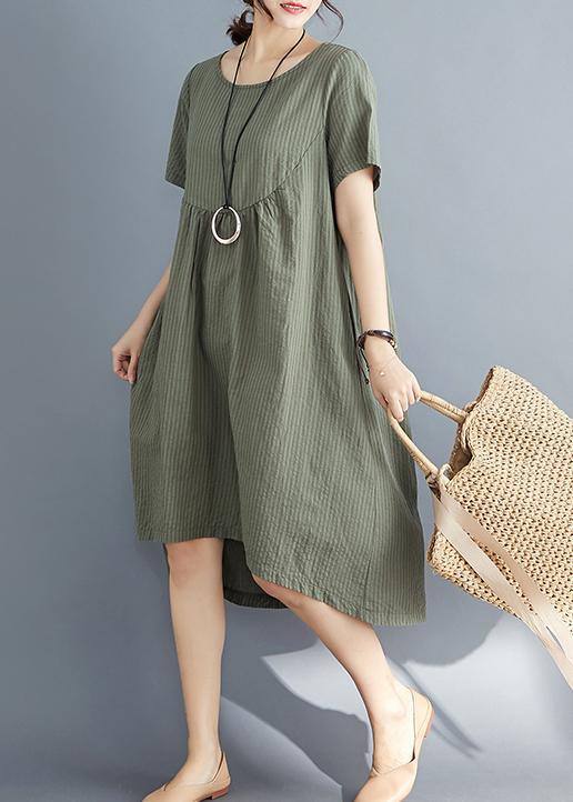 DIY o neck asymmetric Cotton clothes Women plus size Catwalk army green striped Midi Dress Summer - bagstylebliss