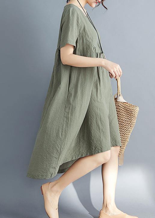 DIY o neck asymmetric Cotton clothes Women plus size Catwalk army green striped Midi Dress Summer - bagstylebliss