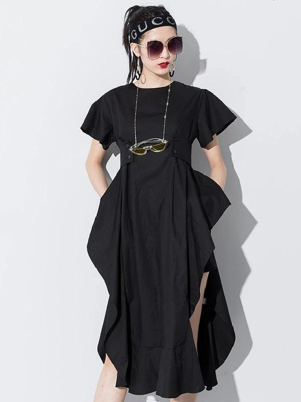 DIY o neck asymmetric Cotton summer dress Runway black Dress - bagstylebliss