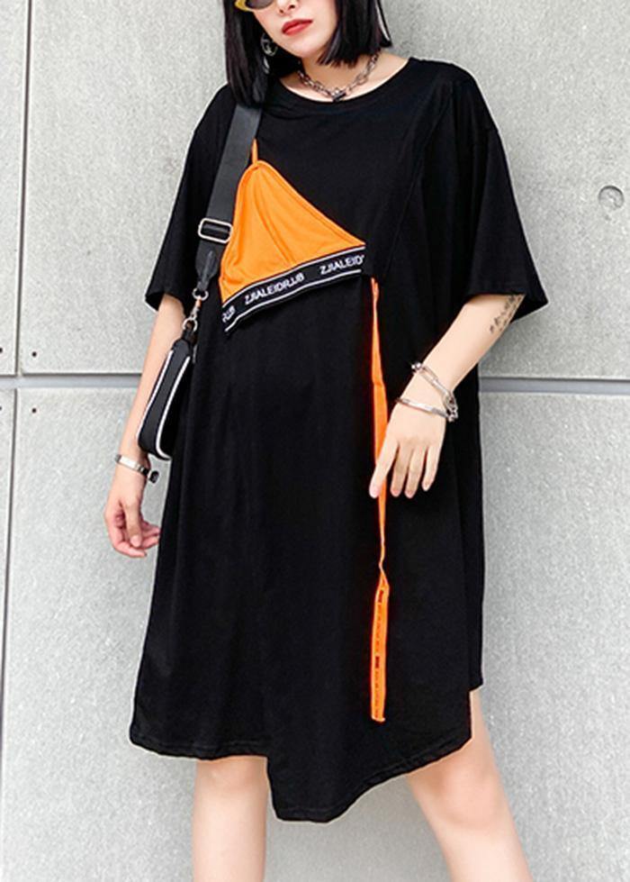 DIY o neck asymmetric Cotton summer outfit Sewing black Dresses - bagstylebliss