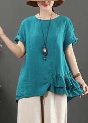 DIY o neck asymmetric linen cotton summer blue loose shirt - bagstylebliss