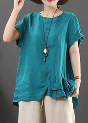 DIY o neck asymmetric linen cotton summer blue loose shirt - bagstylebliss