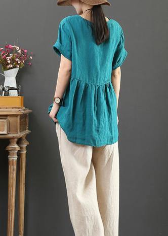 DIY o neck asymmetric linen cotton summer blue loose shirt - bagstylebliss