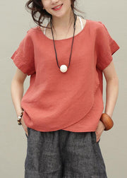 DIY o neck asymmetric linen summer shirts Work Outfits red tops - bagstylebliss