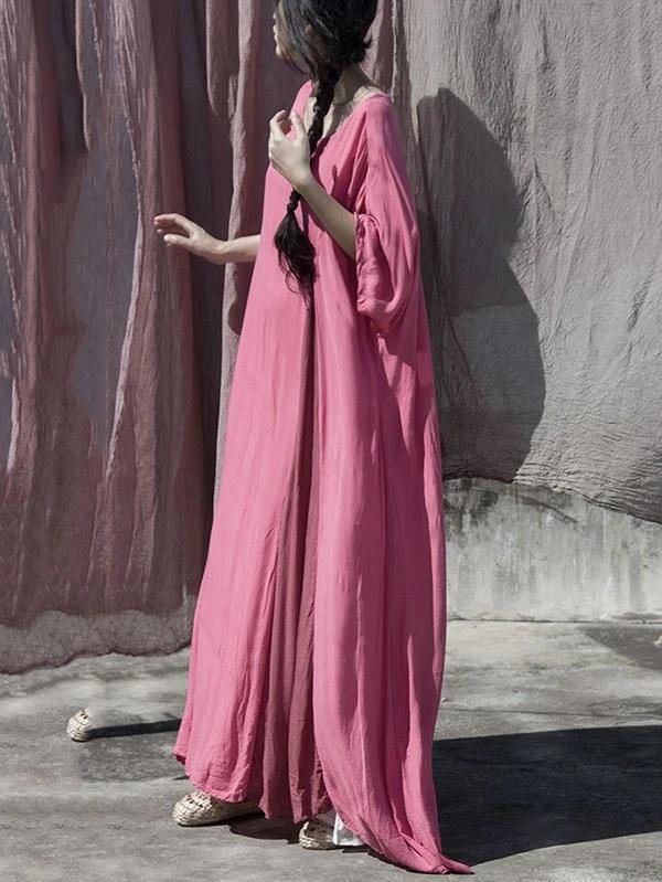 DIY o neck baggy cotton dress pattern pink Plus Size Dress - bagstylebliss