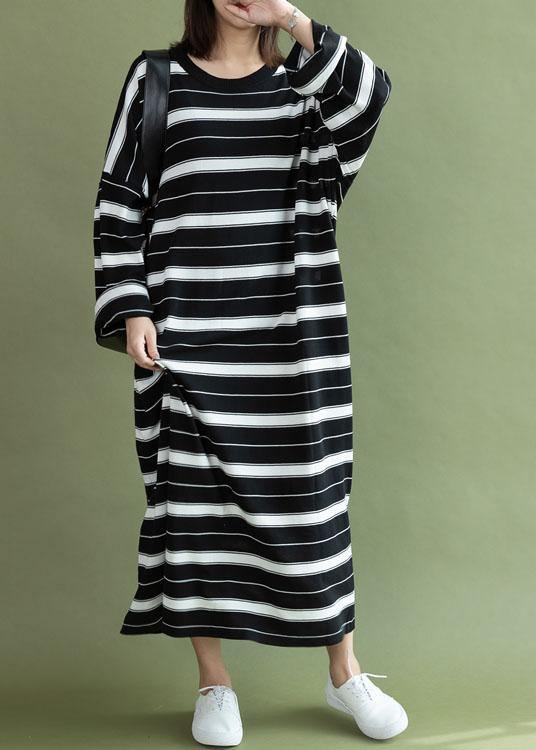 DIY o neck baggy cotton quilting clothes Sewing black white striped Maxi Dress fall - bagstylebliss