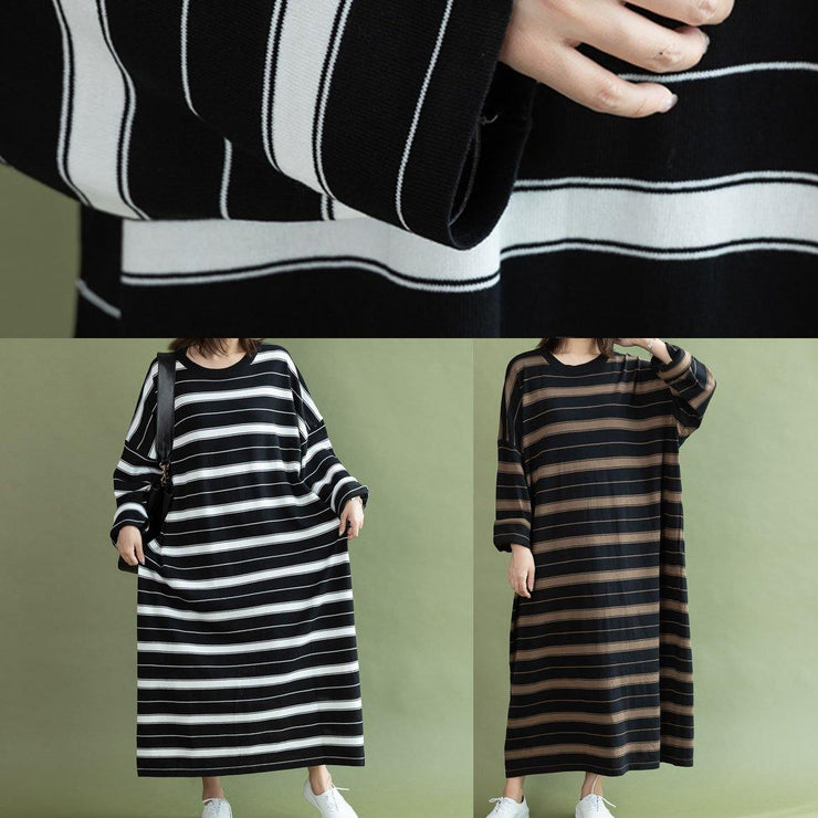 DIY o neck baggy cotton quilting clothes Sewing black white striped Maxi Dress fall - bagstylebliss