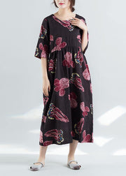 DIY o neck cotton linen Robes Neckline burgundy prints Maxi Dress summer - bagstylebliss