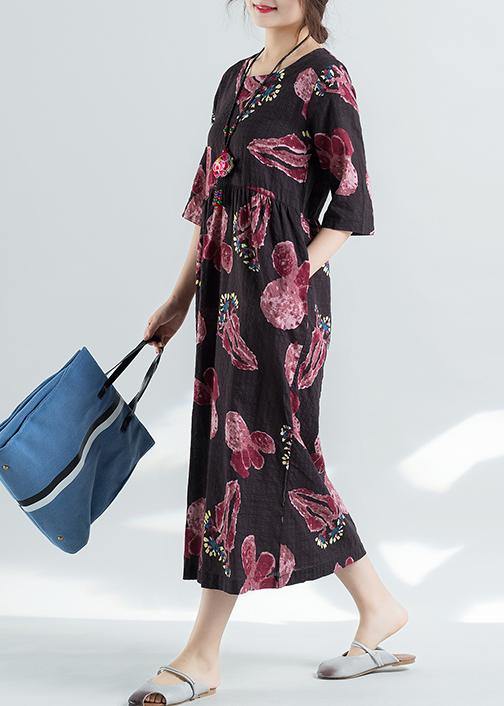 DIY o neck cotton linen Robes Neckline burgundy prints Maxi Dress summer - bagstylebliss