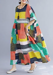 DIY o neck cotton quilting clothes Tutorials orange patchwork color long Dress summer - bagstylebliss